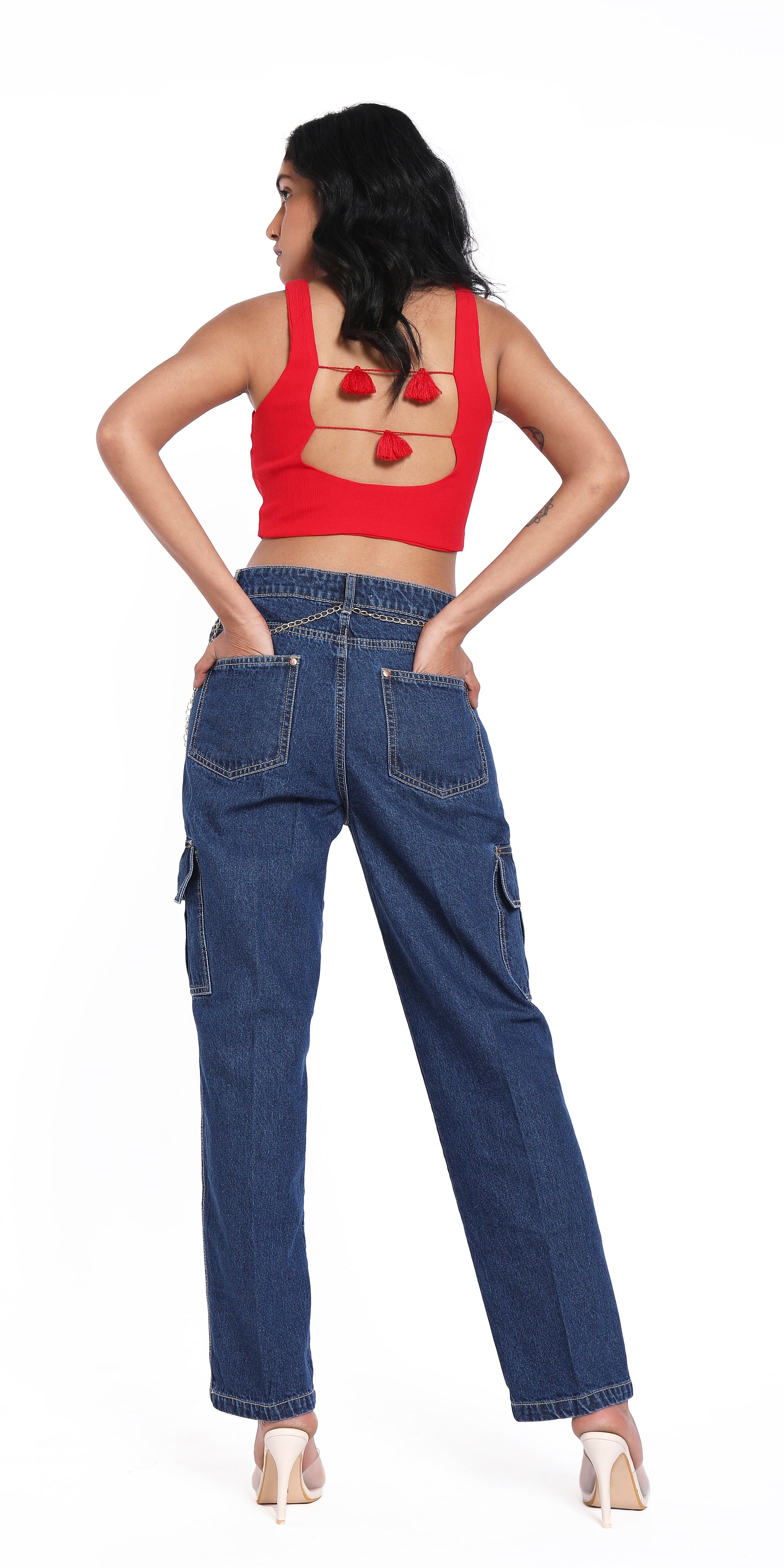 Stone Flap Pocket Cargo Straight Fit High Waist Jeans