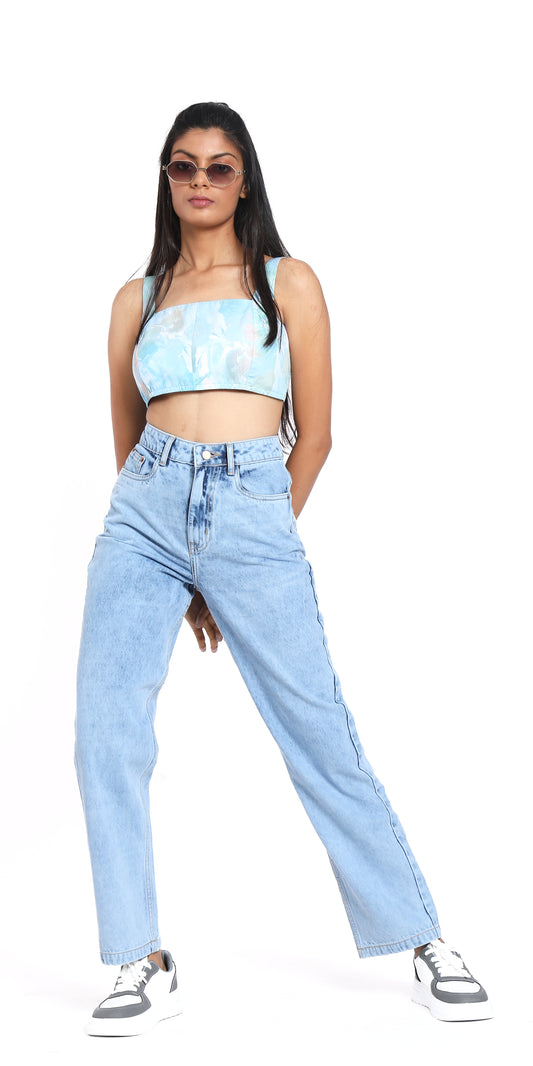 Baby Blue Cloud Wash Straight Fit High Waist Jeans